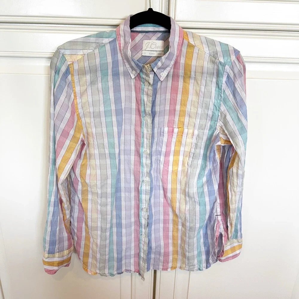 J.Crew Women’s Classic‎ Fit  Pastel Rainbow Crinkle Gingham Button Front Gauzy